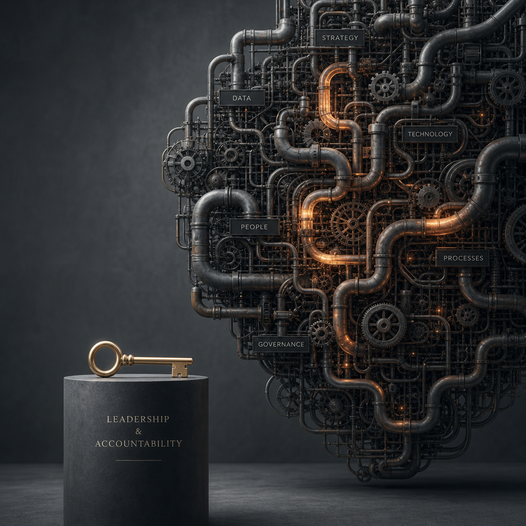 Are your AI initiatives stuck in pilot mode while the board pushes for results? — illustration for an article by Serge Billiouw, AI Consultant